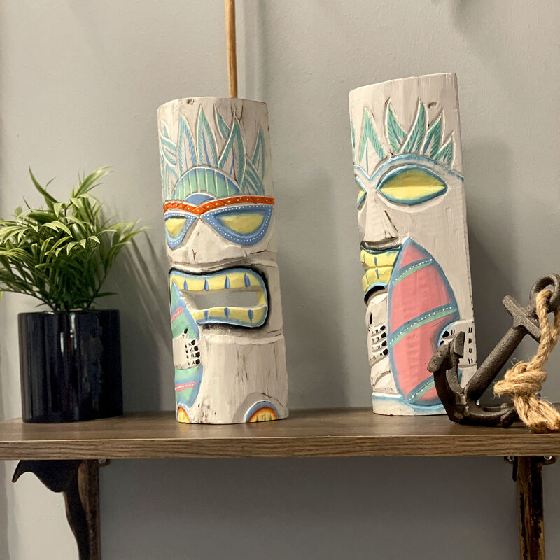 Set of 2 Pastel Surfer Tiki Masks 12" Hand-Carved Wooden Wall Decor Art image number 6