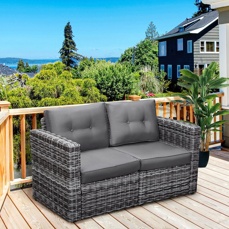 Outsunny 2 Piece Patio Wicker Corner Sofa Set, Outdoor PE Rattan Furniture, with Curved Armrests and Padded Cushions for Balcony, Garden, or Lawn, Lawn, Grey