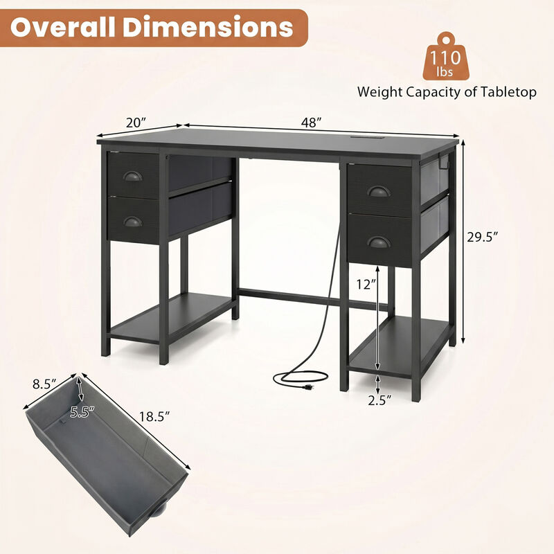 Home Office Computer Desk with Charging Station & 4 Fabric Drawers, Study Work Desk image number 2