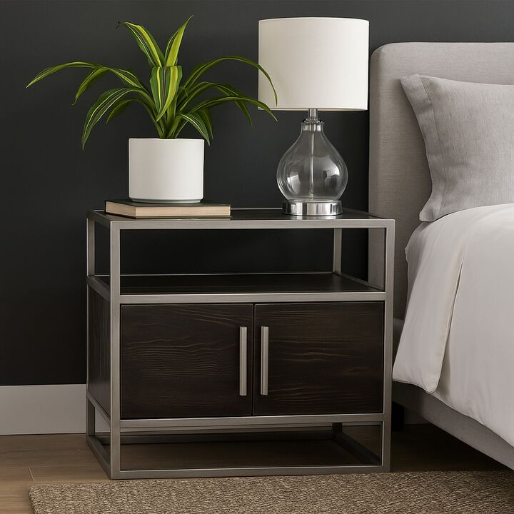 Chek 26 Inch Side Table Nightstand, 2 Doors, 1 Shelf,  Dark Brown, Silver Steel
