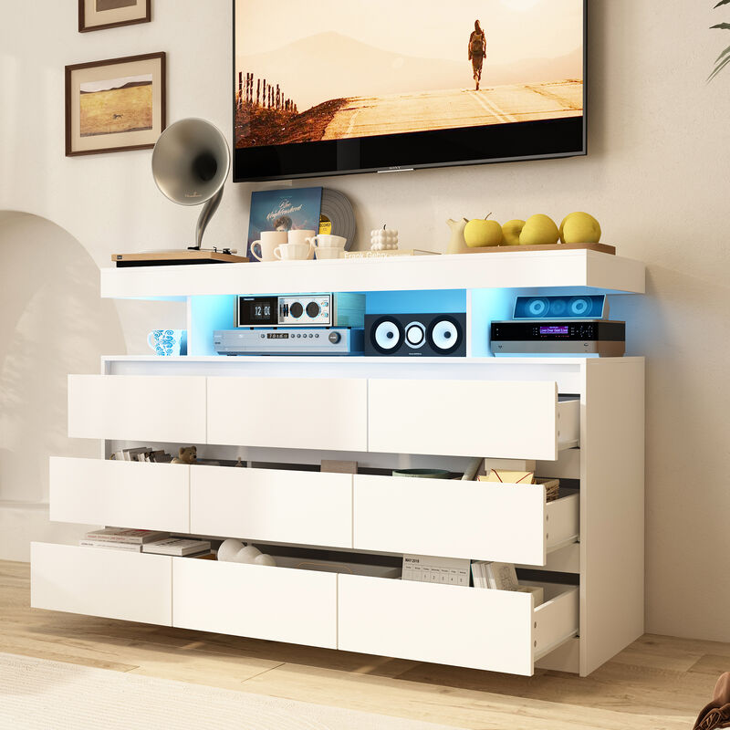 FUFU&GAGA White TV Stand with Drawers and Open Shelving, (47.2" W x 15.7" D x 32.3" H),White