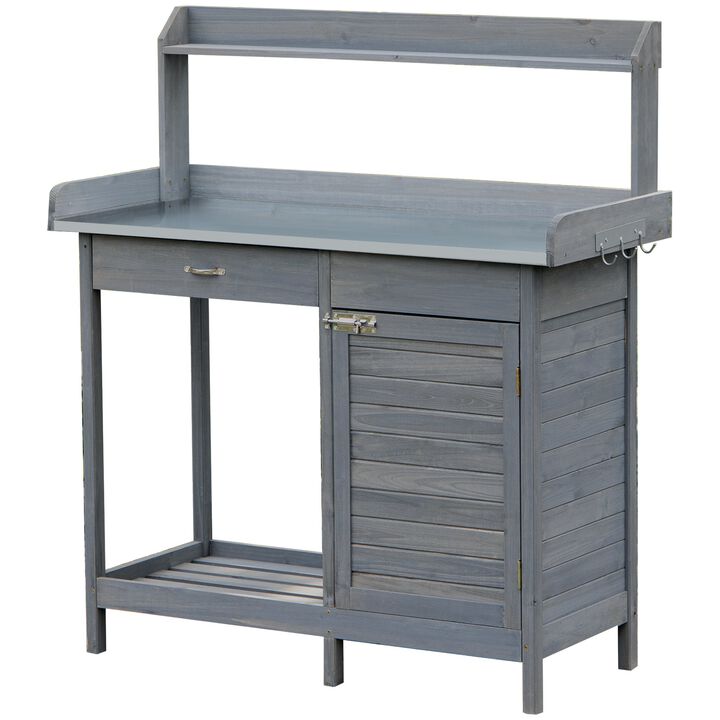 Potting Bench Table with Storage Cabinet and Open Shelf, Garden Planting Workstation with Steel Tabletop, Grey