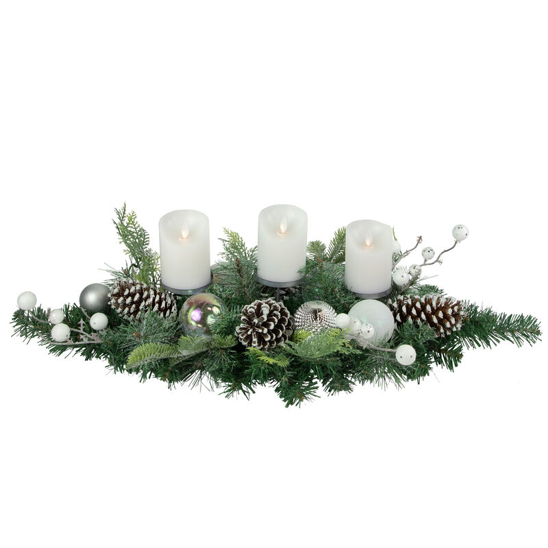 32" Green Pine Triple Candle Holder with Berries and Iridescent Christmas Ornaments