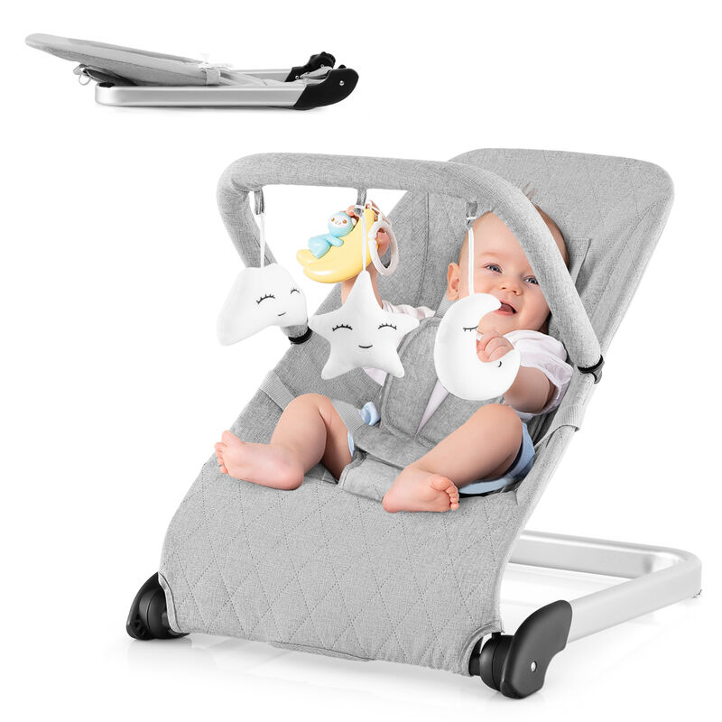 Foldable Baby Bouncer with Removable Fabric Cover and Toy Bar for Comfort and Entertainment
