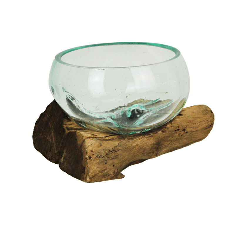 Medium Wide Molten Glass on Teak Driftwood Sculptural Vase and Bowl image number 3