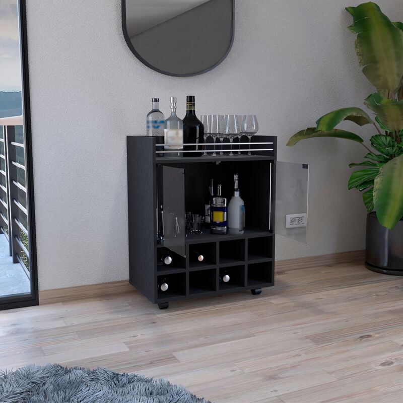 St Andrews Bar Cart with Built-In 8-Bottle Rack, Double Glass Door Cabinet, and Aluminum-Edged Top Surface-Black