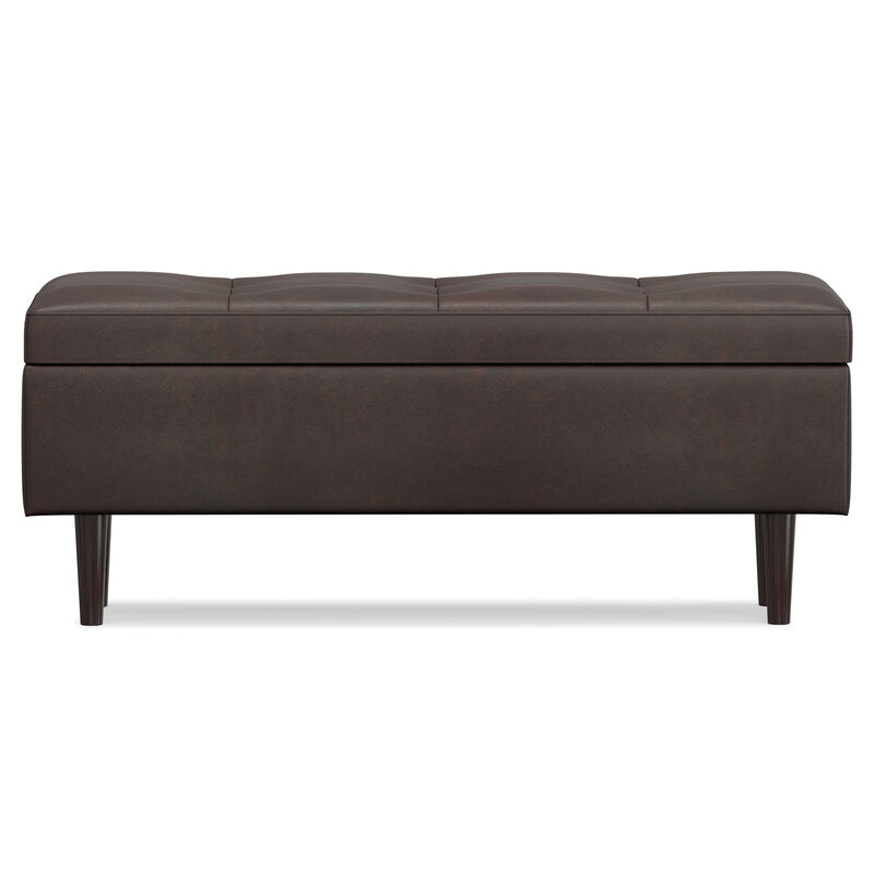 Shay Mid Century Rectangular Storage Ottoman in Distressed Chestnut Brown Faux Leather