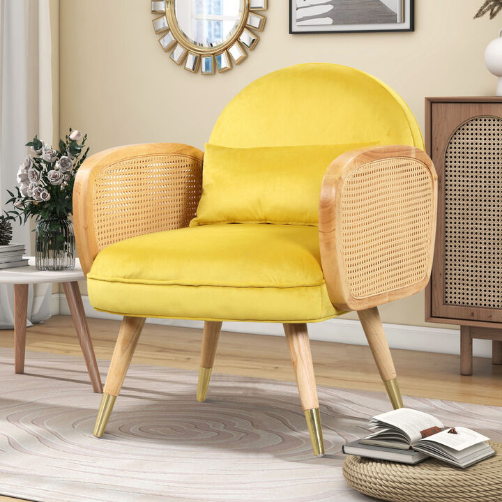 Armchair with Rattan Armrest and Metal Legs Upholstered Mid Century Modern Chairs for Living Room or Reading Room, Yellow