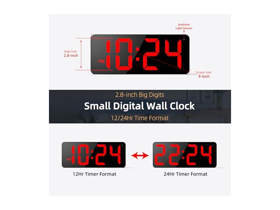 LED Digital Display Digits Auto Brightness Wall Clock Silent Red Farmhouse