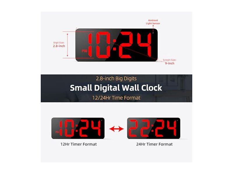 LED Digital Display Digits Auto Brightness Wall Clock Silent Red Farmhouse image number 1