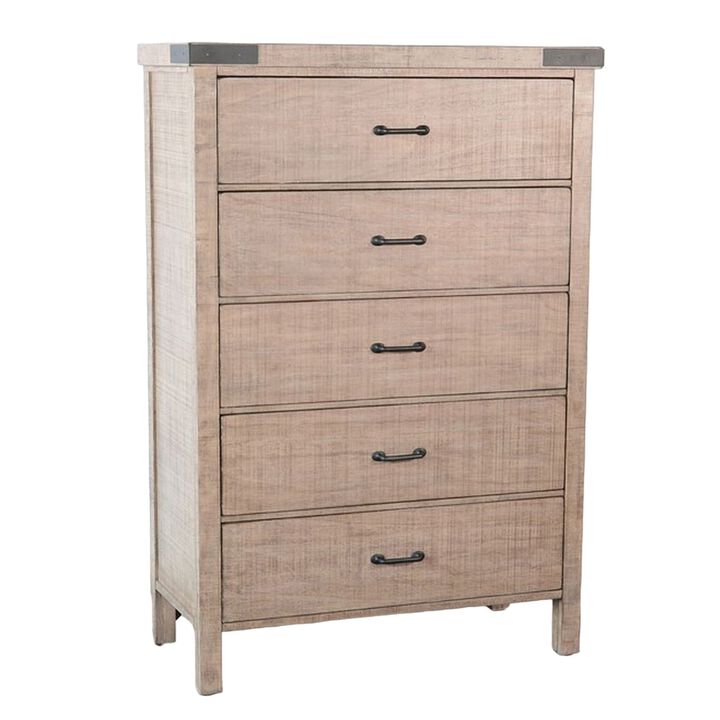 Desy Tall Dresser Chest with 5 Drawers, Light Brown Mahogany Wood - Benzara