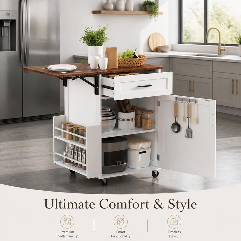 ELEMENT ACE Rolling Drop Leaf Kitchen Island Cart with Storage Drawer Open Side Rack Towel Rack Lockable Wheels for Small Kitchens image number 4