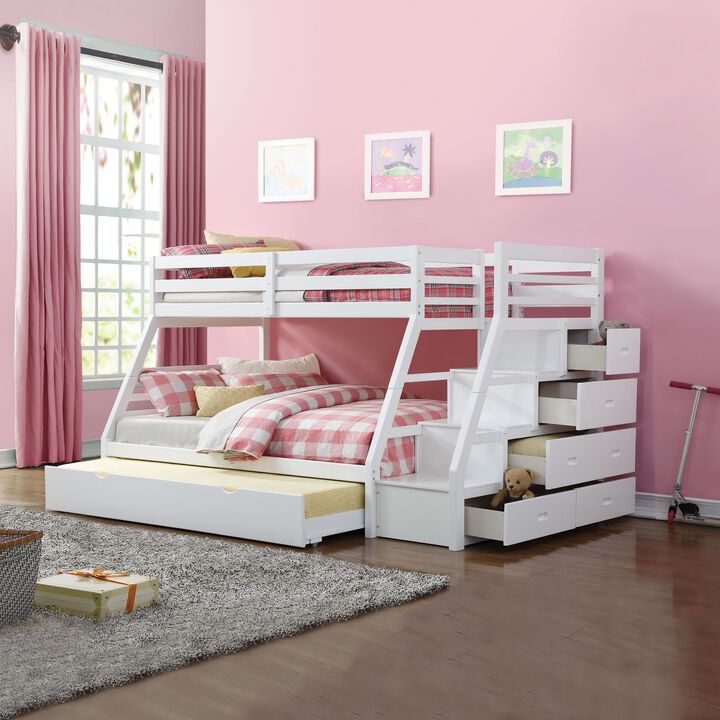 Wooden Twin/Full Bunk Bed With Storage Ladder & Trundle, White-Benzara