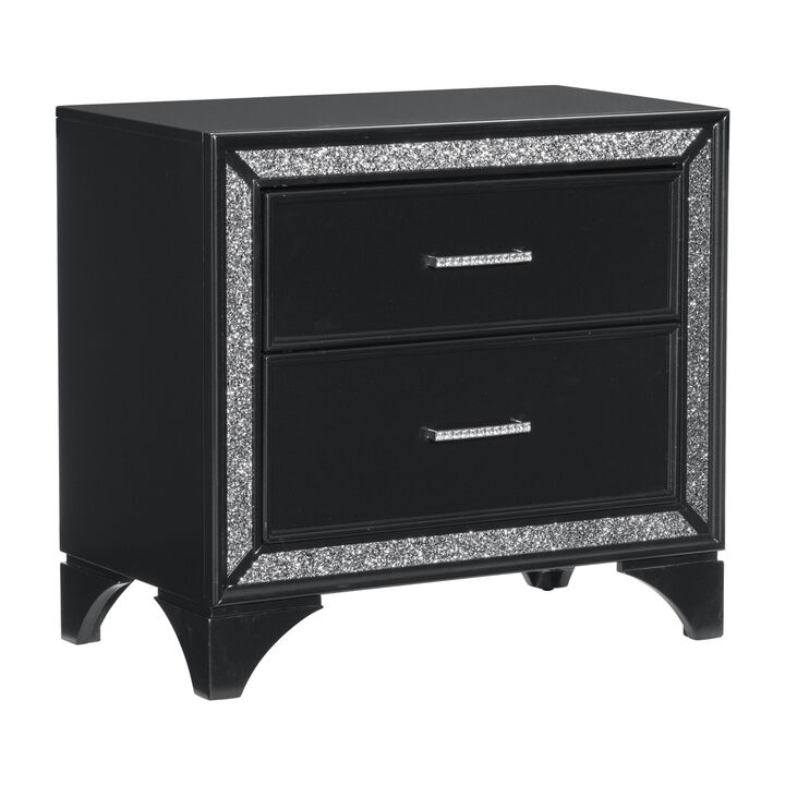 Glamorous Pearl Black Metallic Finish 1pc Nightstand of 2x Drawers Faux Crystal Handles Modern Bedroom Wooden Furniture