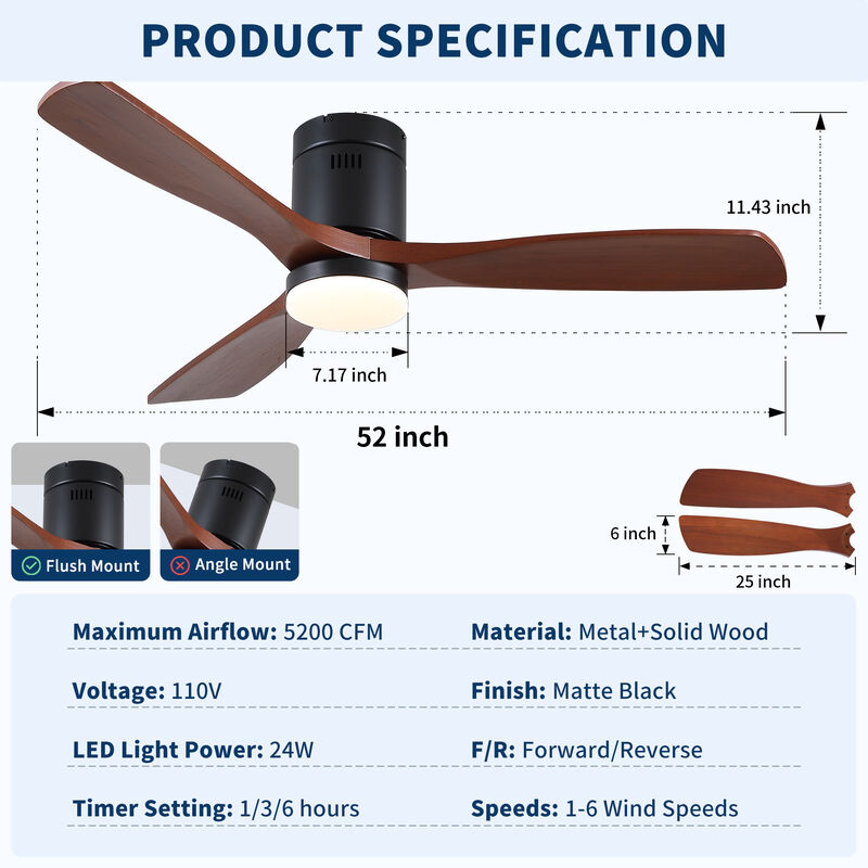 52 inch Matte Black Farmhouse Retro Solid Wood Flush Mount Intergrated LED Ceiling Fan with Light image number 3