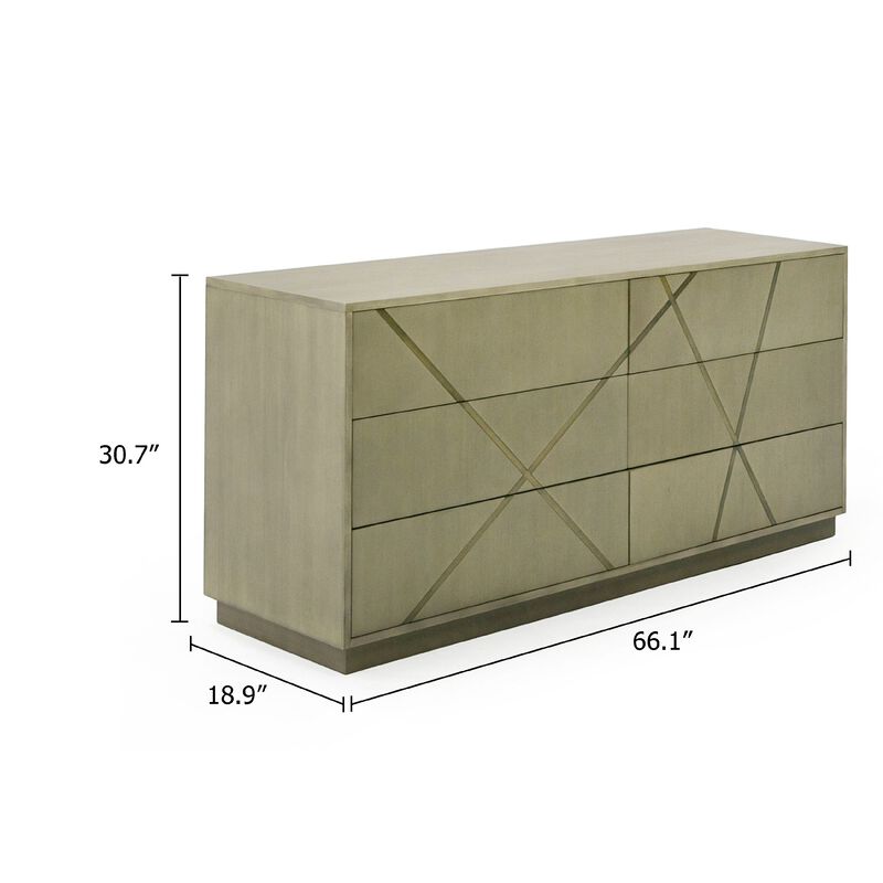 Cid Ren Dresser, 6 Drawers w Double X Detail, 66 Inch, Brown Birch Veneer - Benzara image number 4