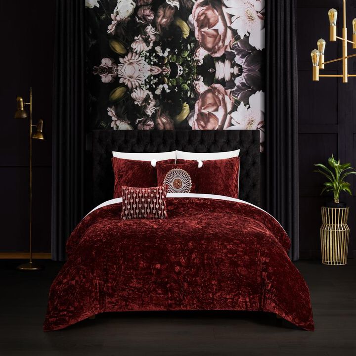 Chic Home Alianna Comforter Set Crinkle Crushed Velvet Bed In A Bag - Sheet Set Decorative Pillow Shams Included - 9-Piece - King 104x92", Burgundy
