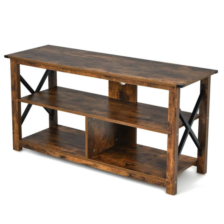 3 Tier Wood TV Stand with Open Shelves and X-Shaped Frame