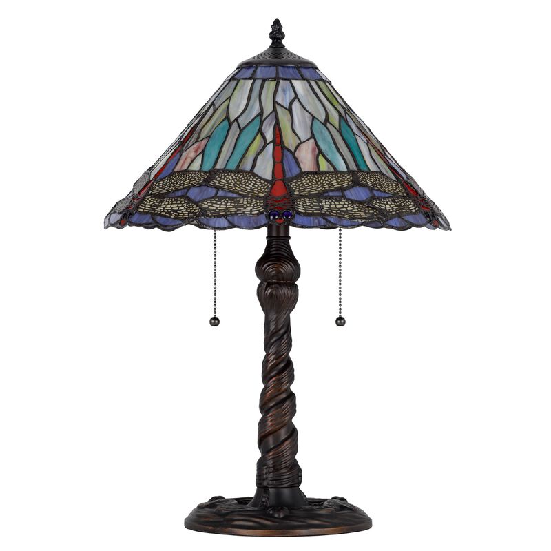 Eli Table Lamp, Tiffany Glass Shade, Blue Red Dragonfly Design, Bronze, 23In image number 4