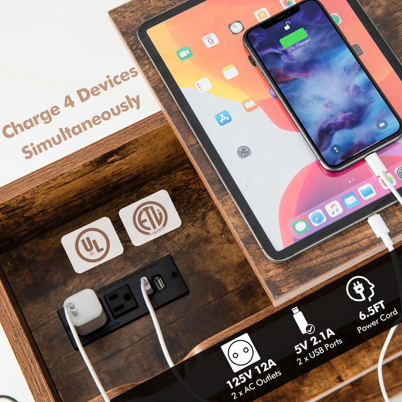 Lift Top End Table with Charging Station and Universal Wheels-Rustic Brown image number 6
