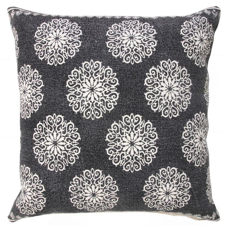 20" Black and White Bohemian Floral Pattern Square Throw Pillow