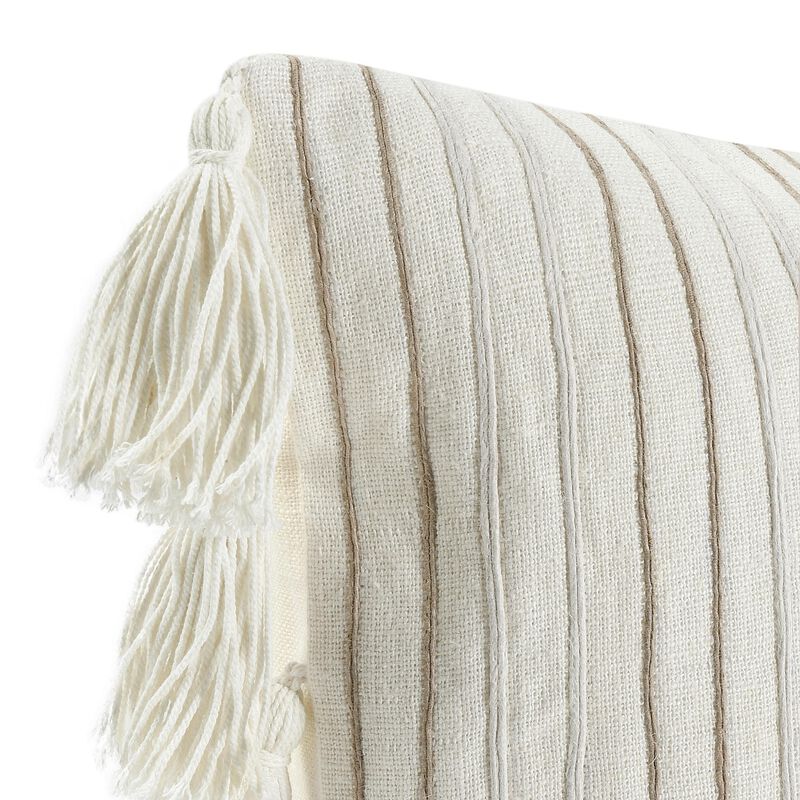Pini Lumbar Throw Pillow, Boho Striped Design, 14x26 Inch Beige Linen - Benzara