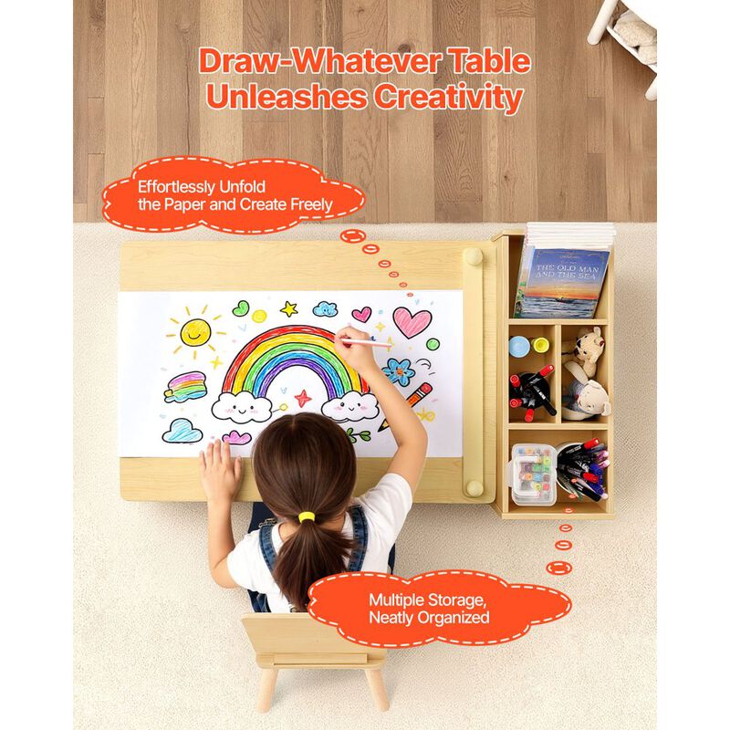 Kids Craft Activity Desk with 2 Chairs and 3-Tier Storage Cabinet-Light Wood image number 4