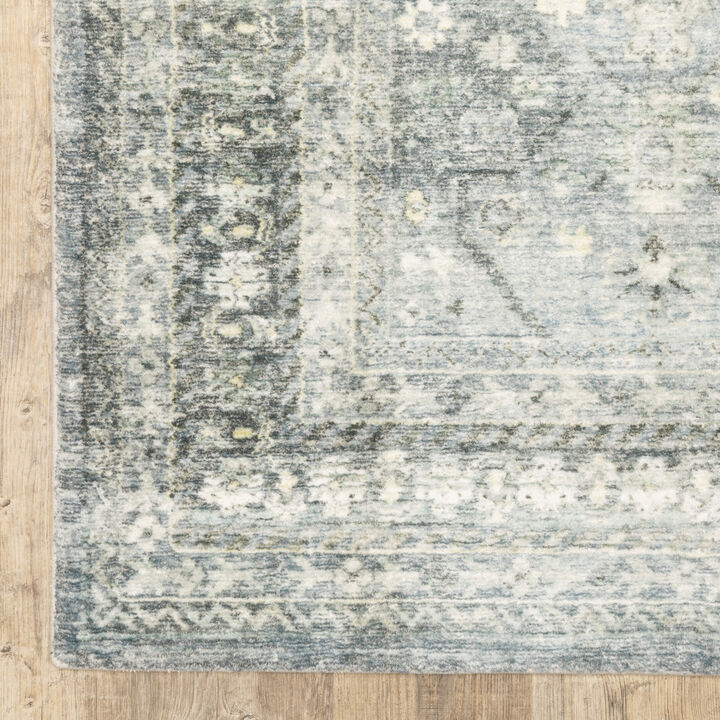 5 X 7 Blue Ivory And grey Oriental Power Loom Stain Resistant Area Rug