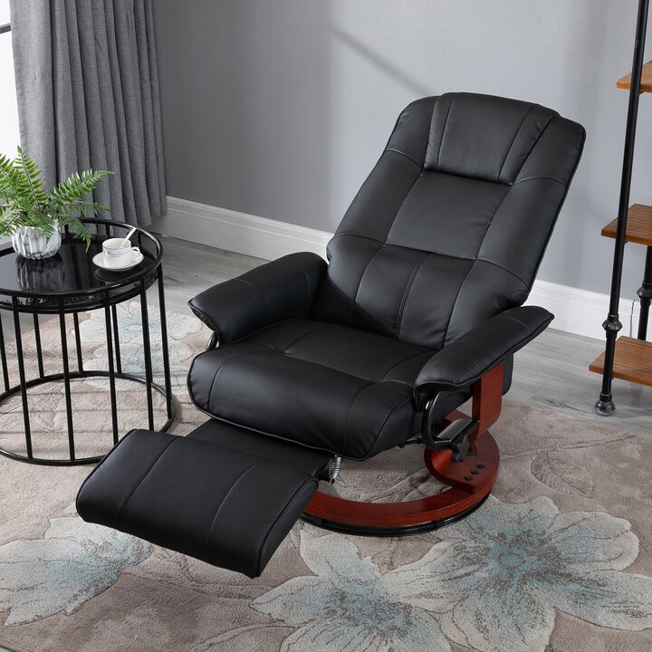 Faux Leather Manual Recliner, Adjustable Swivel Lounge Chair with Footrest, Armrest and Wrapped Wood Base for Living Room, Black