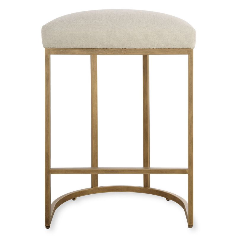Gyn Counter Height Stool, Cream Performance Fabric, Brass Cantilever Base