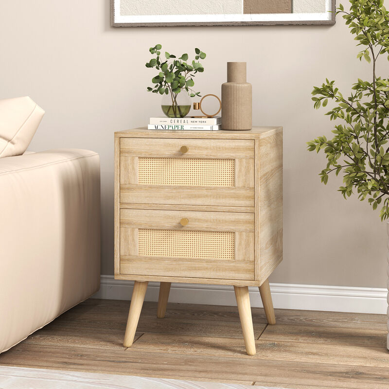 Rattan Nightstand Accent Bedside Table with 2 Storage Drawers