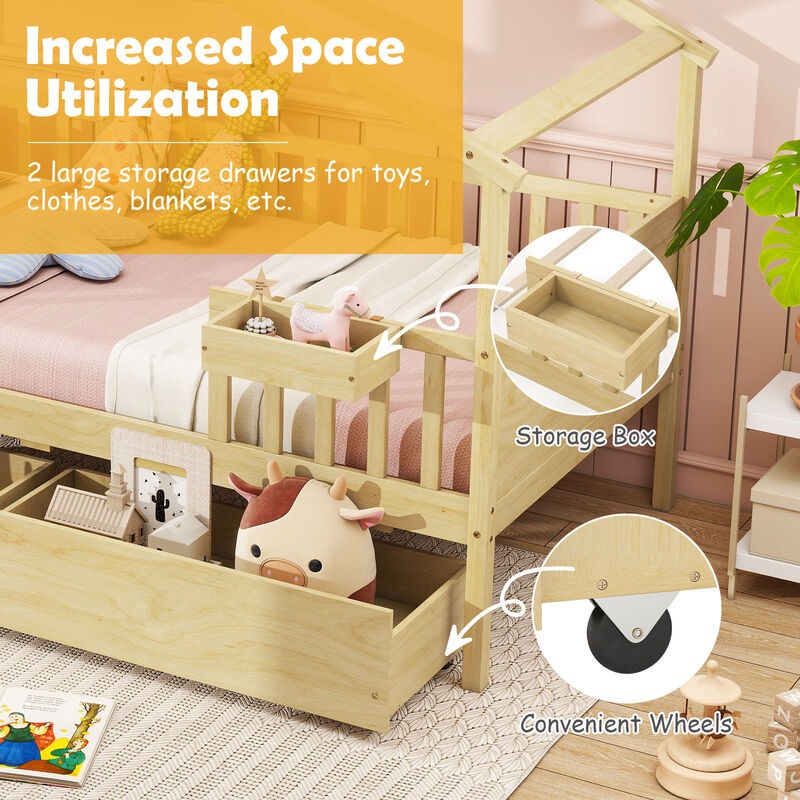 Twin Size House Bed with Roof, Fence Rails and 2 Storage Drawers image number 5