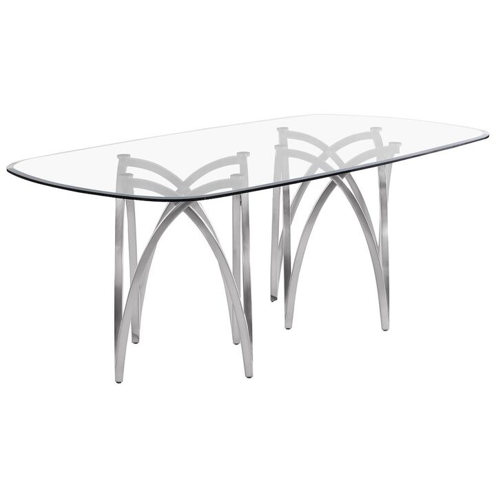 Best Quality Furniture Small Clear Tempered Glass Dining Table Brushed Silver Matte Chrome-Plated Base