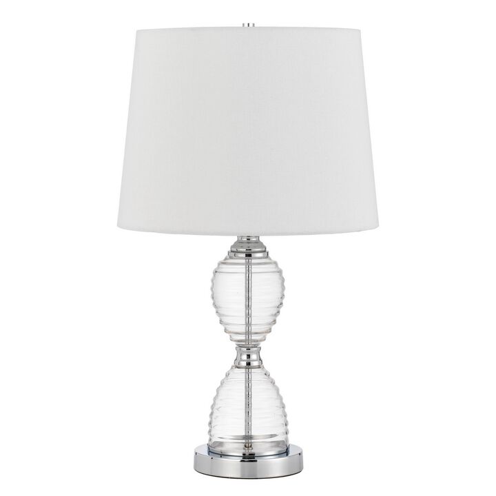 23 Inch Hourglass Ribbed Glass Base Table Lamp, Dimmer, Clear-Benzara