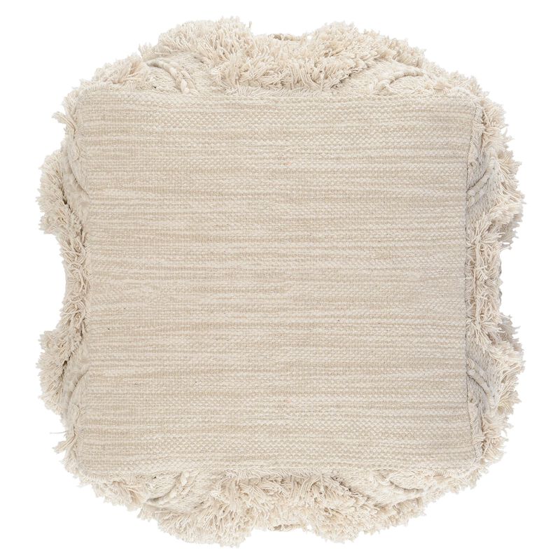 Fabric Pouf Ottoman with Woven Design and Fringe Details, Cream-Benzara