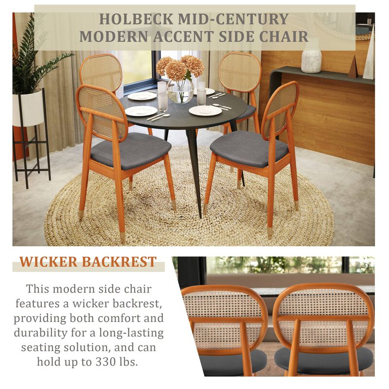 LeisureMod Holbeck Wicker Dining Chair with Upholstered Leather Seat and Beech Wood Legs, Set of 4