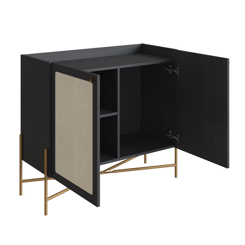 Boho  Bar Cabinet  Gold Iron Leg 2 Rattan Accent  Door Sideboard  -Nero Black