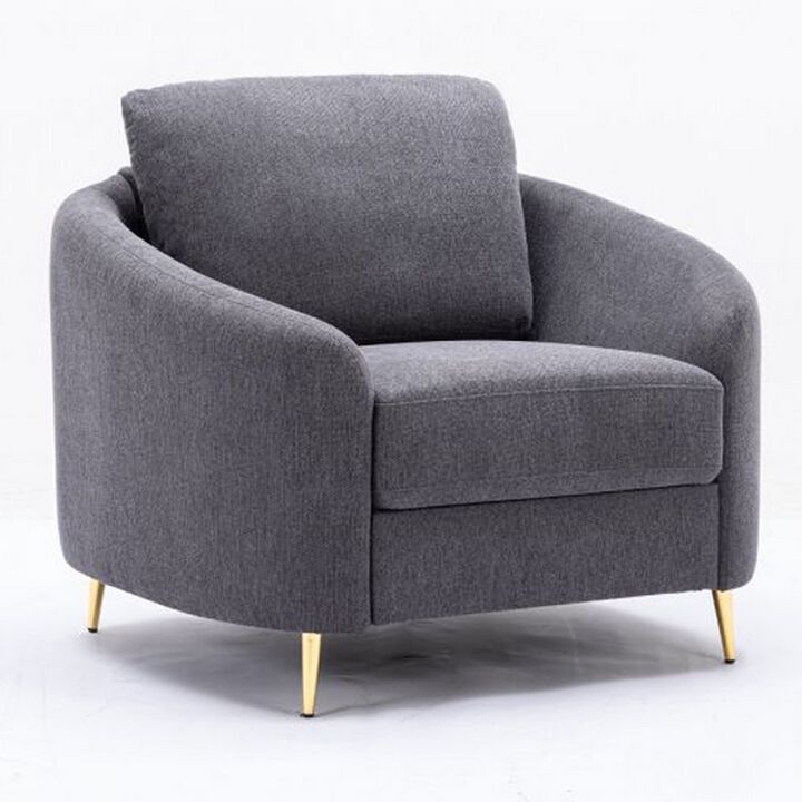 Nial 34 Inch Accent Chair, Linen Upholstery, Pine Wood, Gray and Gold