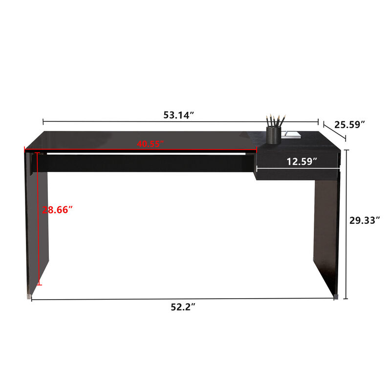 Dark Tempered Glass Writing Desk with Wooden Drawer 53.14"