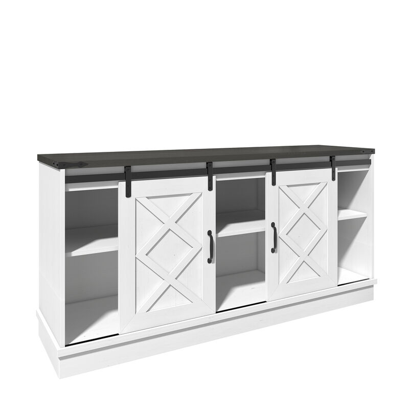Farmhouse TV Stand for 65" TV, Wooden Media TV Console Entertainment Center wih Storage Cabinet, Sliding Barn Door and Adjustable Shelves, White
