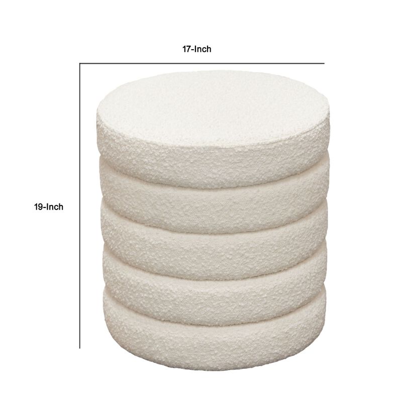 Accent Ottoman, 17 Inch, Ivory Boucle Upholstery, Round Stacked Design