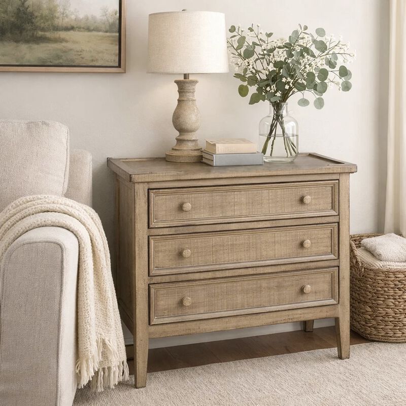 Rena Side End Table, 3 Drawers with Round Knobs, 28" Distressed Pebble Brown Mahogany Wood image number 1