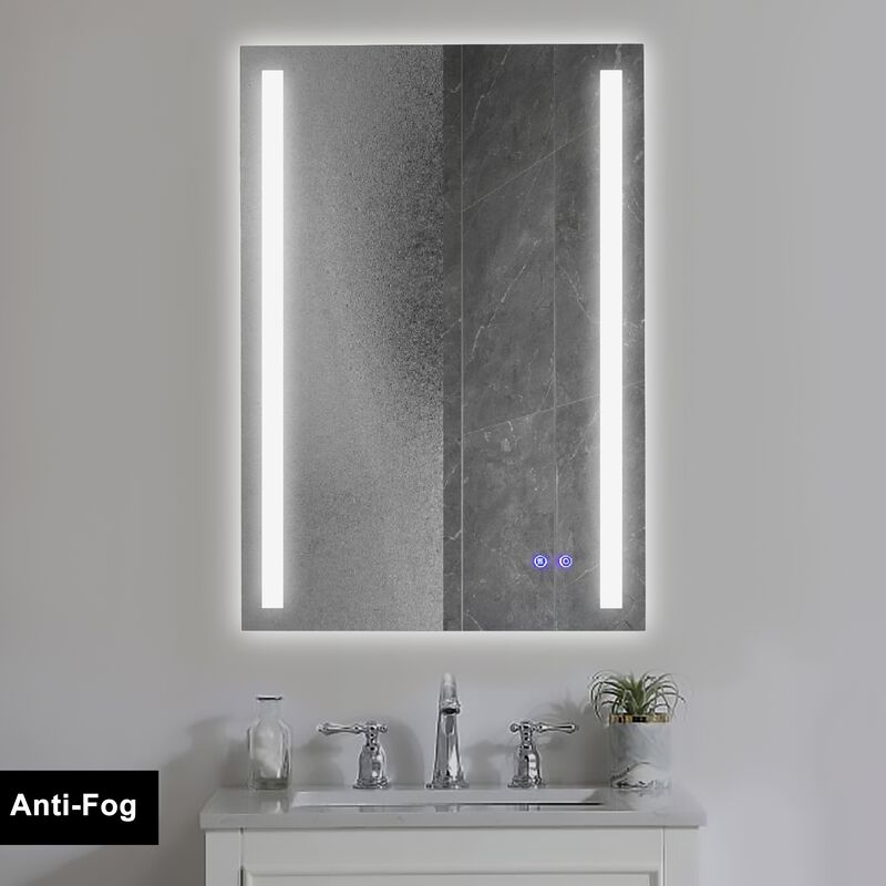 24 x 36 Inch Frameless LED Illuminated Bathroom Mirror, Touch Button Defogger, Metal, Vertical Stripes Design, Silver-Benzara image number 10