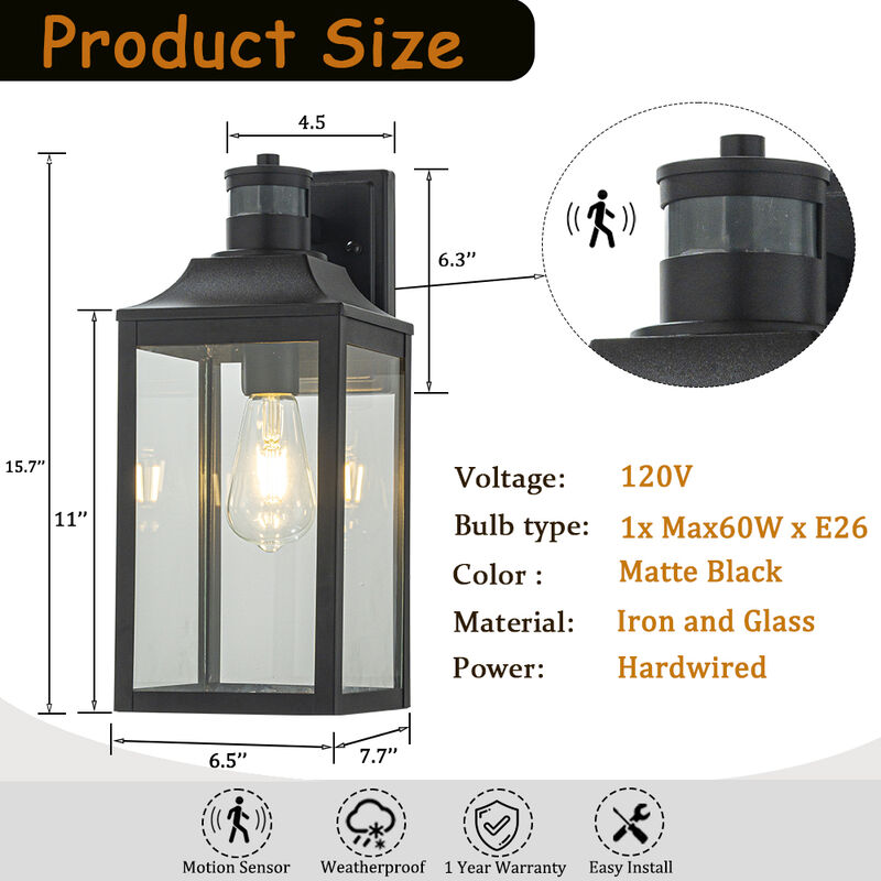 1 Light H16 in. Farmhouse Outdoor Wall Lantern with Motion Sensor in Matte Black Modern Exterior Wall Sconce with Clear Glass for Porch Courtyard image number 6