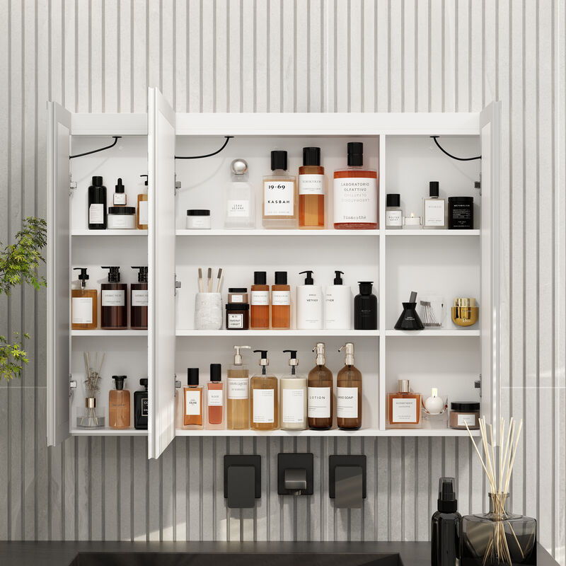 FUFU&GAGA Adjustable 3-Color LED Lighted Mirror Cabinet with Defogger Function and Built-in Storage Shelves, Independent Anti-Fog Switch, (45.9 in. W x 5.1 in. D x 34.6 in. H), White