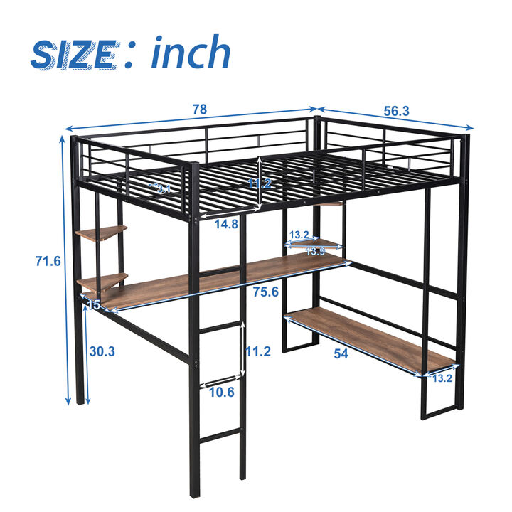 Full Size Loft Metal MDF Bed with Long Desk and Shelves, Black