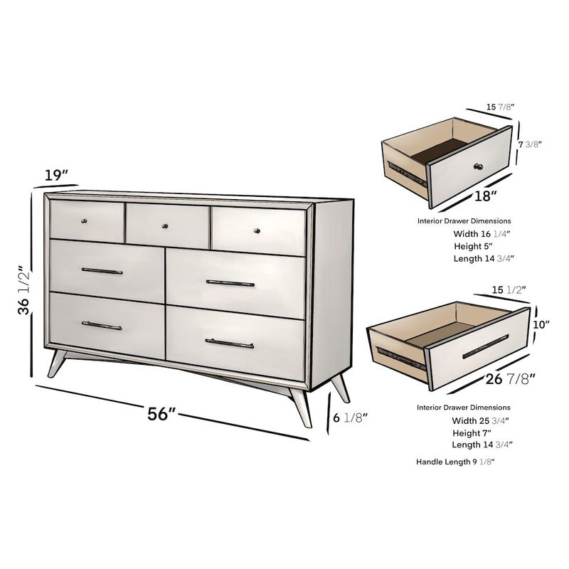 Alpine Furniture Flynn Mid Century Modern 7 Drawer Dresser, White