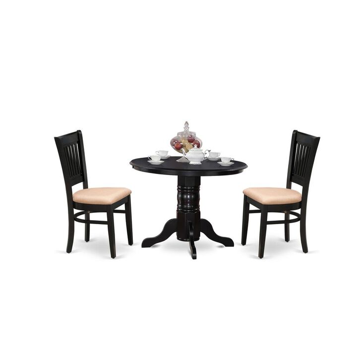 East West Furniture - SHVA3-BLK-C - 3-Pc Dining Room Table Set- 2 Dining Room Chair and Kitchen Table - Linen Fabric Seat and Slatted Chair Back - Black Finish