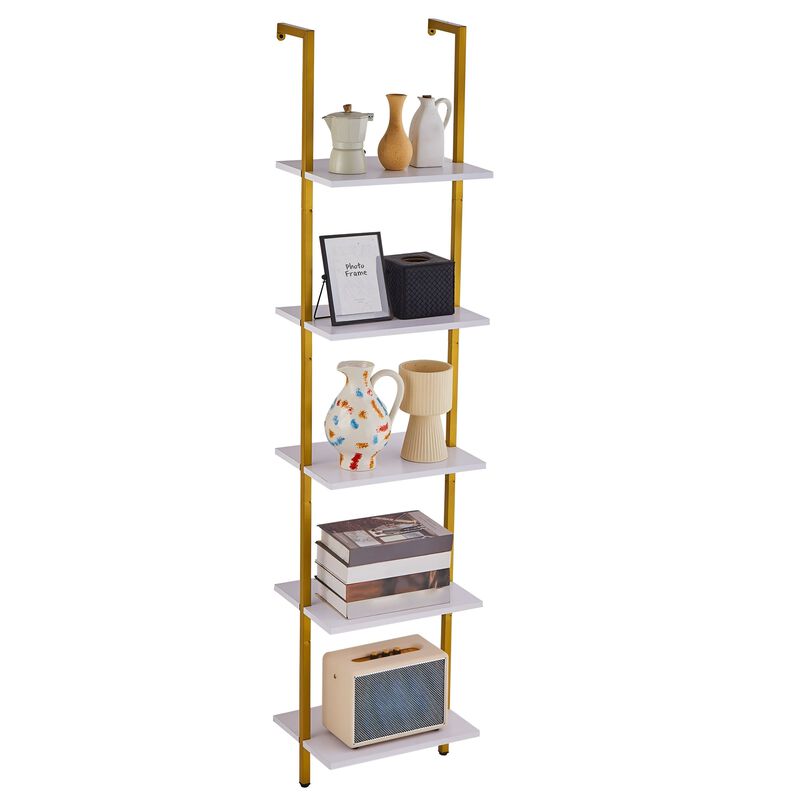5 Tier Ladder Shelf, Wall Mounted Bookshelf with Metal Frame Storage Rack image number 3