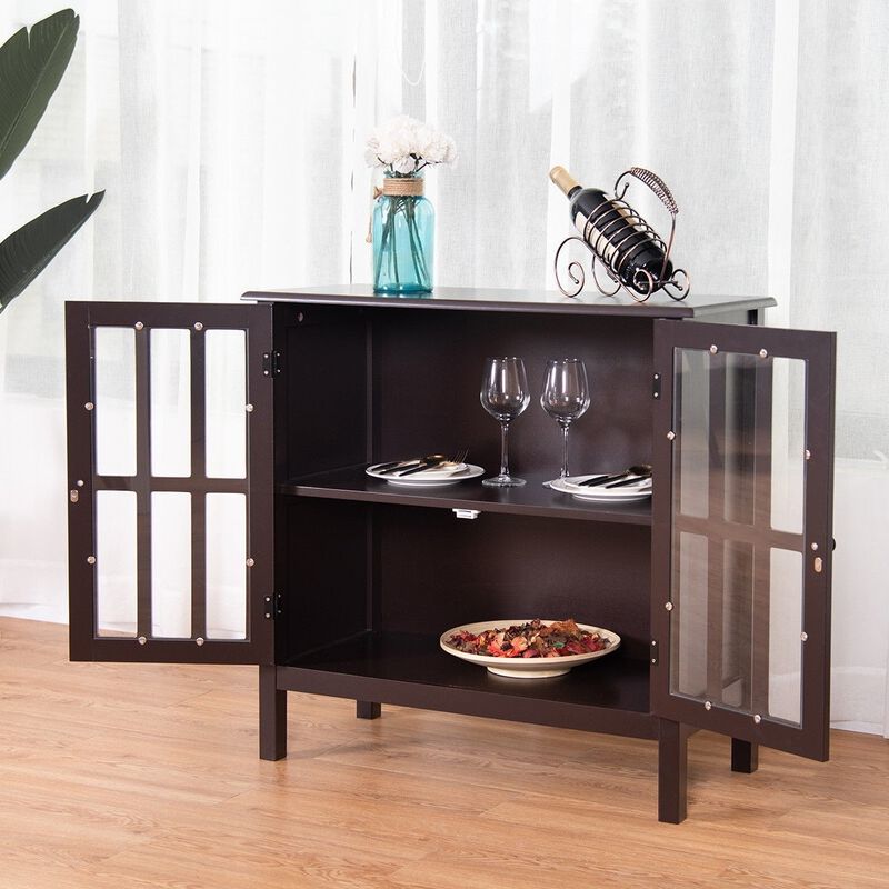 Hivvago Brown Wood Sideboard Buffet Cabinet with Glass Panel Doors